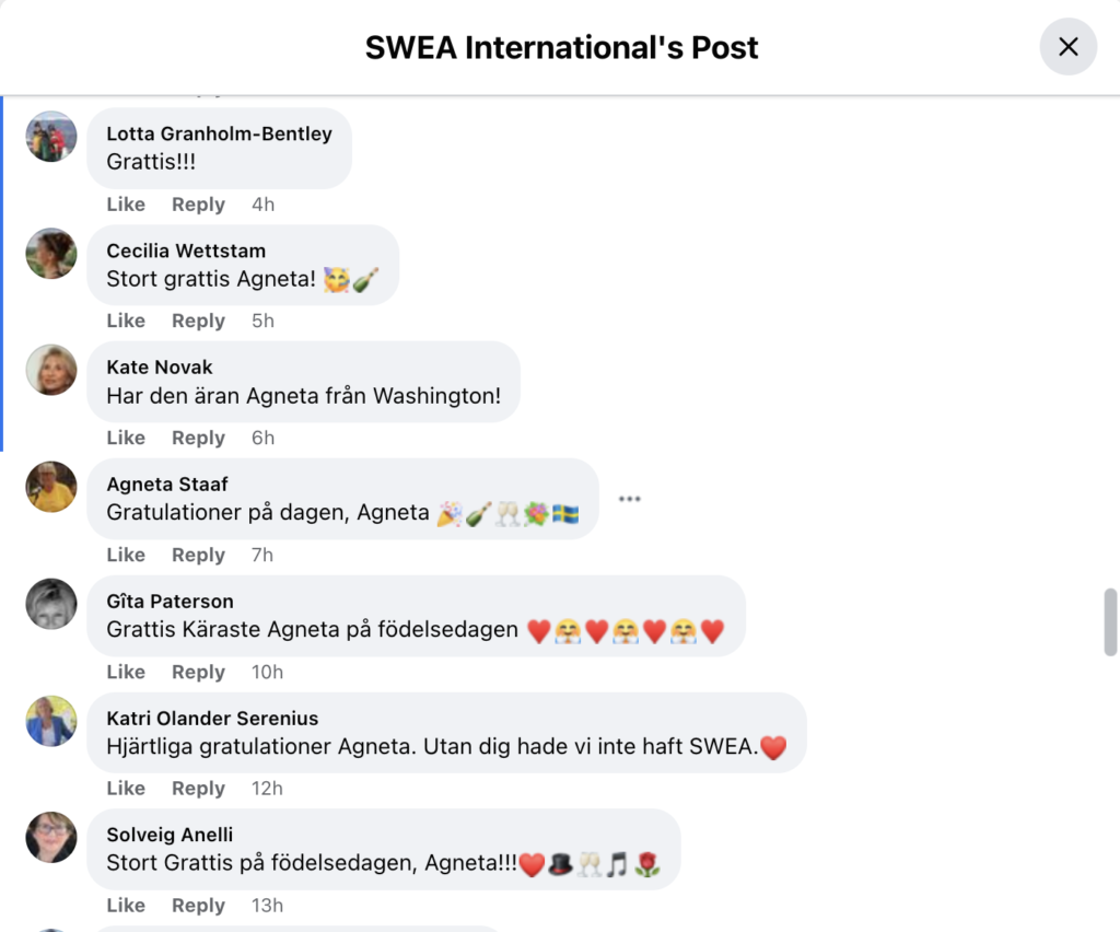 Kommentarer från Sweor - Agnetas födelsedagen - SWEA International