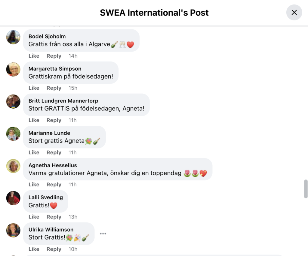Kommentarer från Sweor - Agnetas födelsedagen - SWEA International